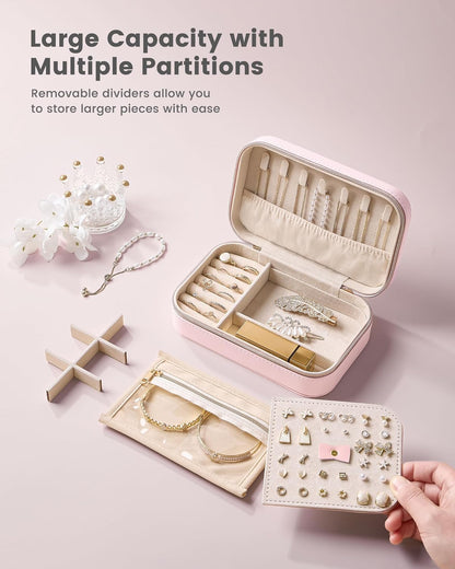 Travel Jewelry Case for Women Girls, Travel Jewelry Organizer with Clear Storage Bag Small Portable Jewelry Box for Necklace Bracelet Earring Ring Valentines Bridesmaid Gifts -Medium/Beige