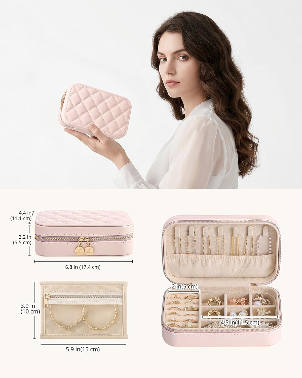 Travel Jewelry Case for Women Girls, Travel Jewelry Organizer with Clear Storage Bag Small Portable Jewelry Box for Necklace Bracelet Earring Ring Valentines Bridesmaid Gifts -Medium/Beige