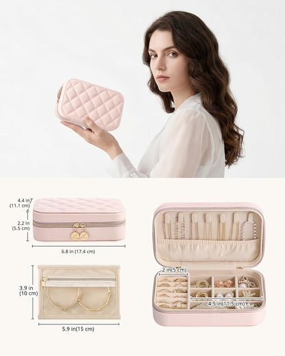 Travel Jewelry Case for Women Girls, Travel Jewelry Organizer with Clear Storage Bag Small Portable Jewelry Box for Necklace Bracelet Earring Ring Valentines Bridesmaid Gifts -Medium/Beige