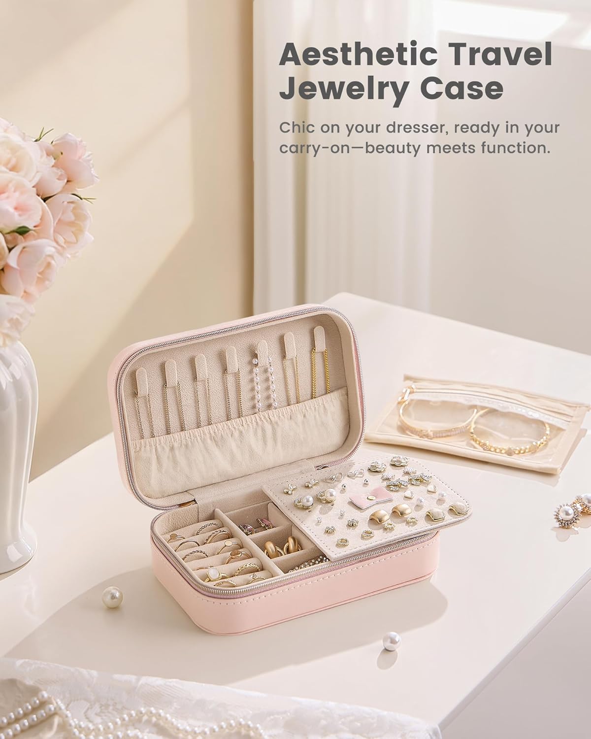 Travel Jewelry Case for Women Girls, Travel Jewelry Organizer with Clear Storage Bag Small Portable Jewelry Box for Necklace Bracelet Earring Ring Valentines Bridesmaid Gifts -Medium/Beige