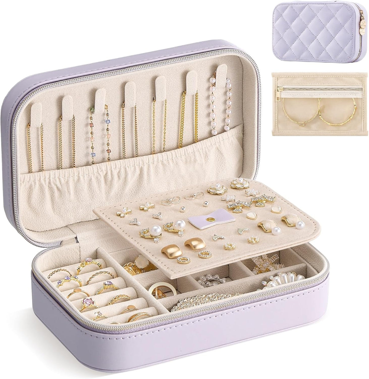 Travel Jewelry Case for Women Girls, Travel Jewelry Organizer with Clear Storage Bag Small Portable Jewelry Box for Necklace Bracelet Earring Ring Valentines Bridesmaid Gifts -Medium/Beige