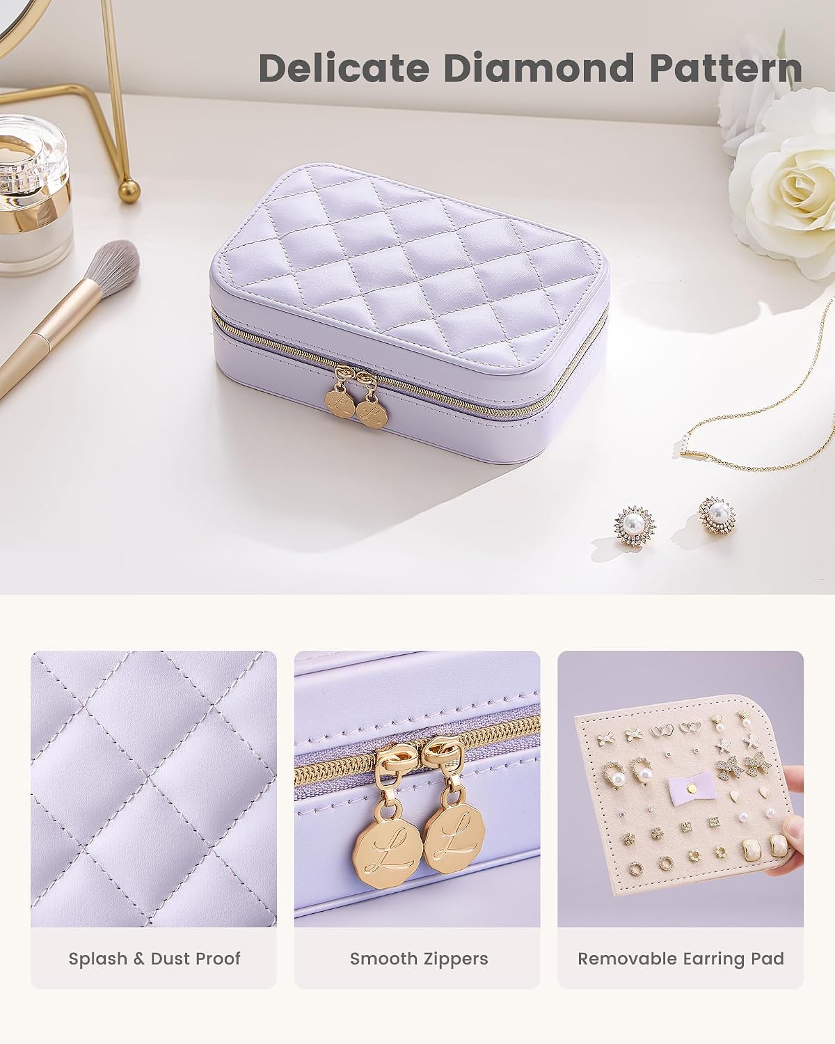 Travel Jewelry Case for Women Girls, Travel Jewelry Organizer with Clear Storage Bag Small Portable Jewelry Box for Necklace Bracelet Earring Ring Valentines Bridesmaid Gifts -Medium/Beige