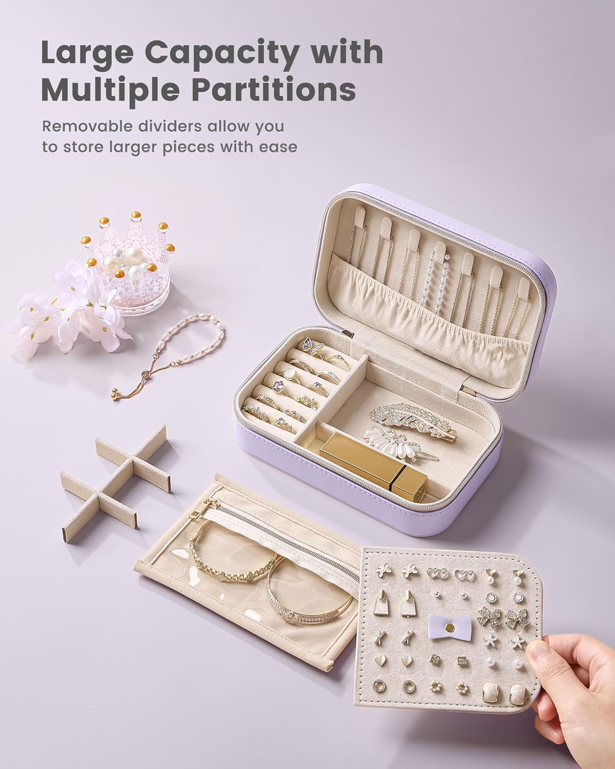Travel Jewelry Case for Women Girls, Travel Jewelry Organizer with Clear Storage Bag Small Portable Jewelry Box for Necklace Bracelet Earring Ring Valentines Bridesmaid Gifts -Medium/Beige