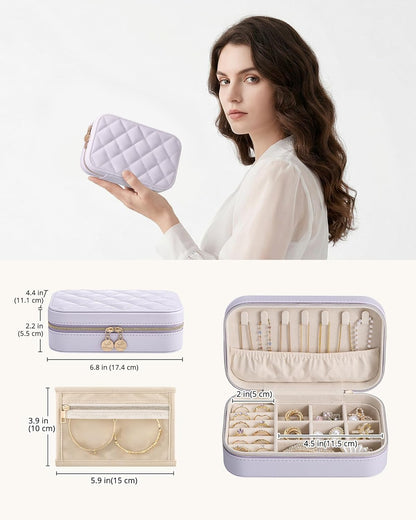 Travel Jewelry Case for Women Girls, Travel Jewelry Organizer with Clear Storage Bag Small Portable Jewelry Box for Necklace Bracelet Earring Ring Valentines Bridesmaid Gifts -Medium/Beige
