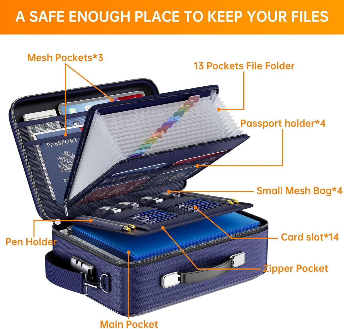 Fireproof File Organizer with Lock, Hard-Shell Case Fireproof Document Box with 13 Pocket Accordion File Folder, Portable Home Office Travel Safe Storage for Important Documents Laptop Beige