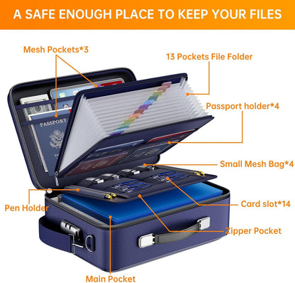 Fireproof File Organizer with Lock, Hard-Shell Case Fireproof Document Box with 13 Pocket Accordion File Folder, Portable Home Office Travel Safe Storage for Important Documents Laptop Beige