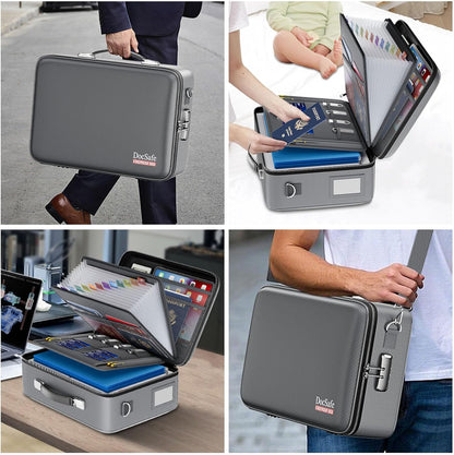 Fireproof File Organizer with Lock, Hard-Shell Case Fireproof Document Box with 13 Pocket Accordion File Folder, Portable Home Office Travel Safe Storage for Important Documents Laptop Beige