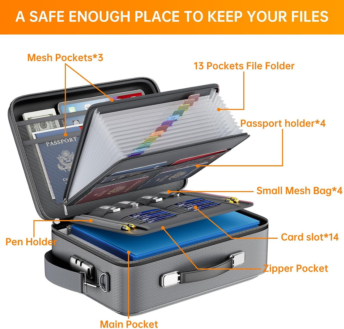 Fireproof File Organizer with Lock, Hard-Shell Case Fireproof Document Box with 13 Pocket Accordion File Folder, Portable Home Office Travel Safe Storage for Important Documents Laptop Beige