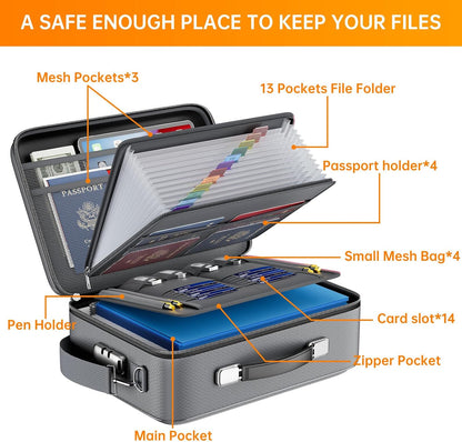 Fireproof File Organizer with Lock, Hard-Shell Case Fireproof Document Box with 13 Pocket Accordion File Folder, Portable Home Office Travel Safe Storage for Important Documents Laptop Beige