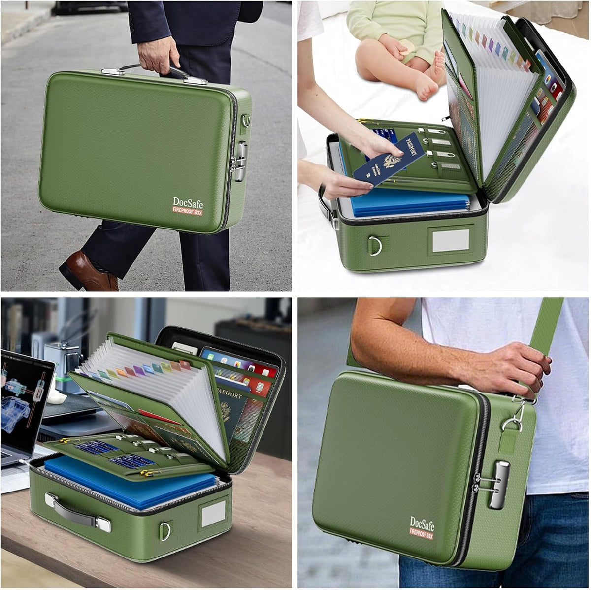 Fireproof File Organizer with Lock, Hard-Shell Case Fireproof Document Box with 13 Pocket Accordion File Folder, Portable Home Office Travel Safe Storage for Important Documents Laptop Beige