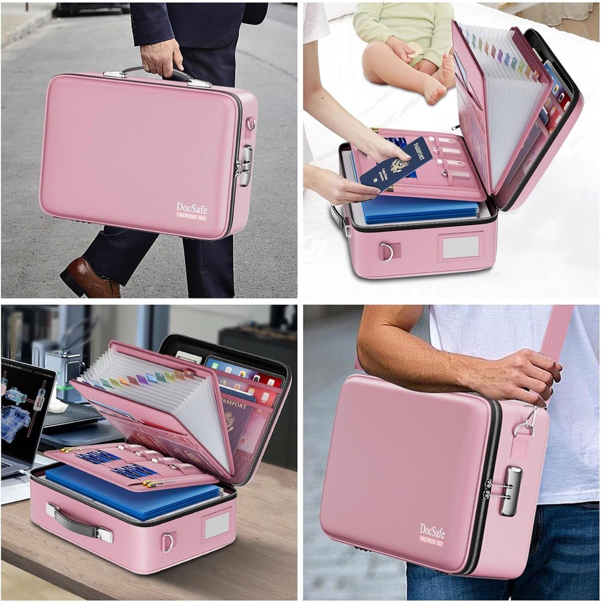 Fireproof File Organizer with Lock, Hard-Shell Case Fireproof Document Box with 13 Pocket Accordion File Folder, Portable Home Office Travel Safe Storage for Important Documents Laptop Beige