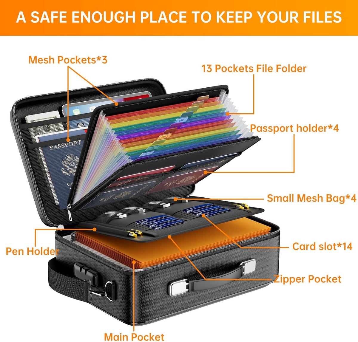 Fireproof File Organizer with Lock, Hard-Shell Case Fireproof Document Box with 13 Pocket Accordion File Folder, Portable Home Office Travel Safe Storage for Important Documents Laptop Beige