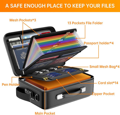 Fireproof File Organizer with Lock, Hard-Shell Case Fireproof Document Box with 13 Pocket Accordion File Folder, Portable Home Office Travel Safe Storage for Important Documents Laptop Beige