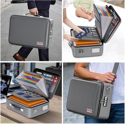 Fireproof File Organizer with Lock, Hard-Shell Case Fireproof Document Box with 13 Pocket Accordion File Folder, Portable Home Office Travel Safe Storage for Important Documents Laptop Beige