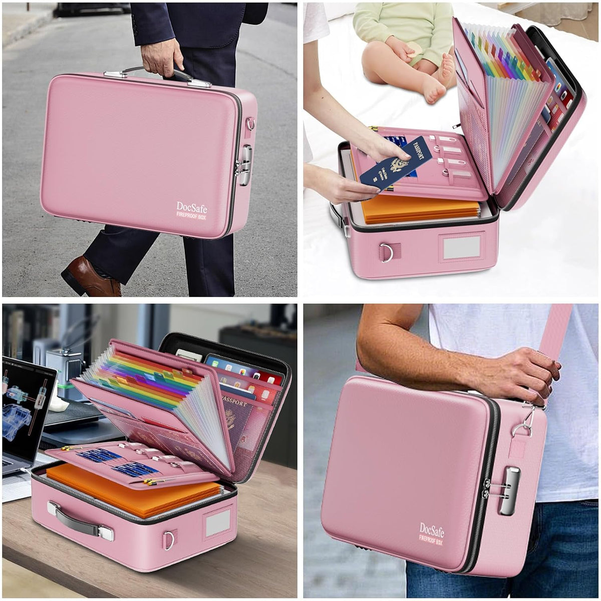 Fireproof File Organizer with Lock, Hard-Shell Case Fireproof Document Box with 13 Pocket Accordion File Folder, Portable Home Office Travel Safe Storage for Important Documents Laptop Beige