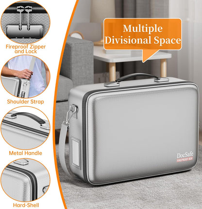 Fireproof File Organizer with Lock, Hard-Shell Case Fireproof Document Box with 13 Pocket Accordion File Folder, Portable Home Office Travel Safe Storage for Important Documents Laptop Beige