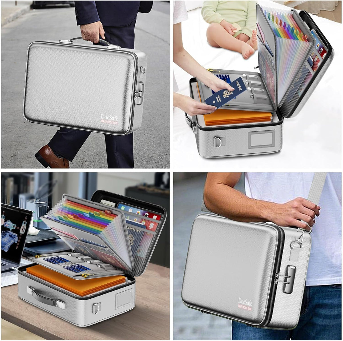Fireproof File Organizer with Lock, Hard-Shell Case Fireproof Document Box with 13 Pocket Accordion File Folder, Portable Home Office Travel Safe Storage for Important Documents Laptop Beige