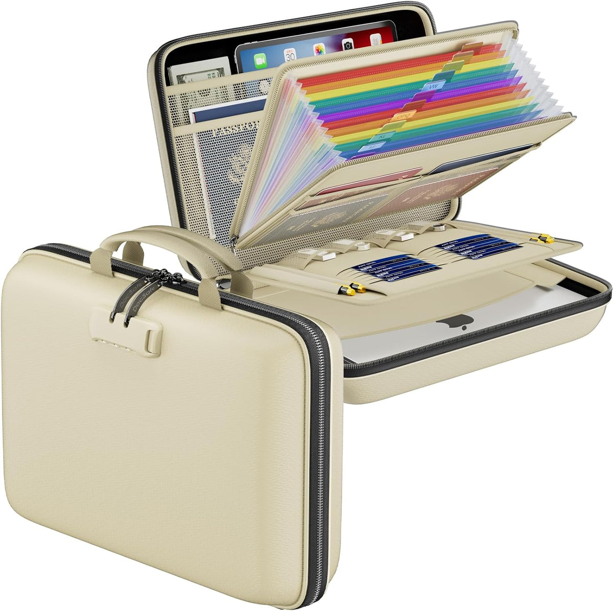 Fireproof File Organizer with Lock, Hard-Shell Case Fireproof Document Box with 13 Pocket Accordion File Folder, Portable Home Office Travel Safe Storage for Important Documents Laptop Beige