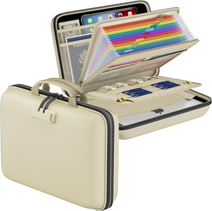 Fireproof File Organizer with Lock, Hard-Shell Case Fireproof Document Box with 13 Pocket Accordion File Folder, Portable Home Office Travel Safe Storage for Important Documents Laptop Beige