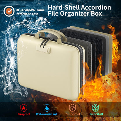 Fireproof File Organizer with Lock, Hard-Shell Case Fireproof Document Box with 13 Pocket Accordion File Folder, Portable Home Office Travel Safe Storage for Important Documents Laptop Beige