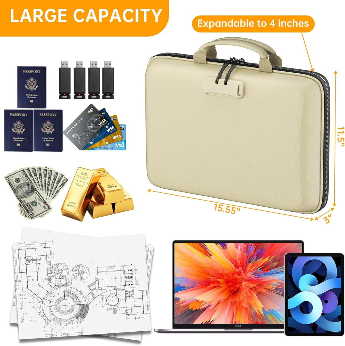 Fireproof File Organizer with Lock, Hard-Shell Case Fireproof Document Box with 13 Pocket Accordion File Folder, Portable Home Office Travel Safe Storage for Important Documents Laptop Beige