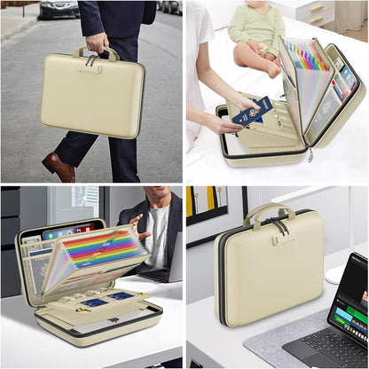 Fireproof File Organizer with Lock, Hard-Shell Case Fireproof Document Box with 13 Pocket Accordion File Folder, Portable Home Office Travel Safe Storage for Important Documents Laptop Beige