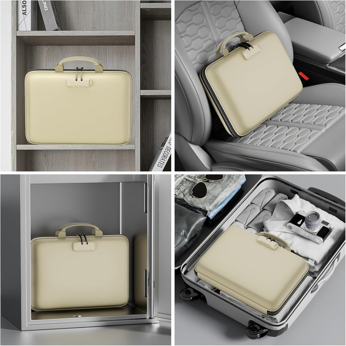 Fireproof File Organizer with Lock, Hard-Shell Case Fireproof Document Box with 13 Pocket Accordion File Folder, Portable Home Office Travel Safe Storage for Important Documents Laptop Beige