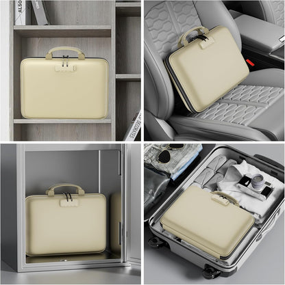 Fireproof File Organizer with Lock, Hard-Shell Case Fireproof Document Box with 13 Pocket Accordion File Folder, Portable Home Office Travel Safe Storage for Important Documents Laptop Beige