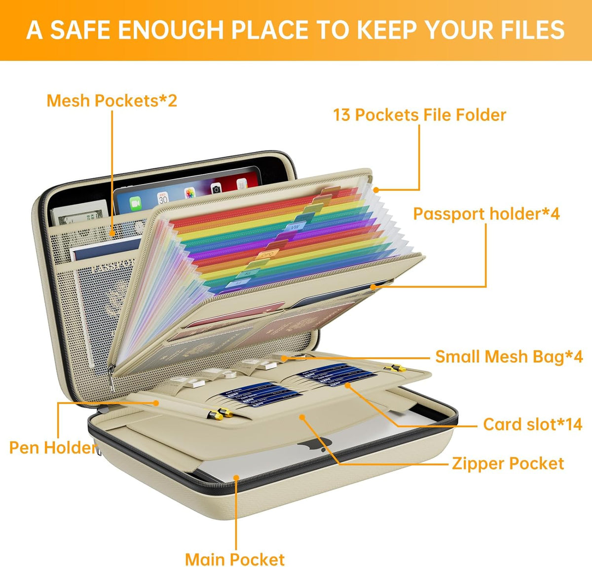 Fireproof File Organizer with Lock, Hard-Shell Case Fireproof Document Box with 13 Pocket Accordion File Folder, Portable Home Office Travel Safe Storage for Important Documents Laptop Beige