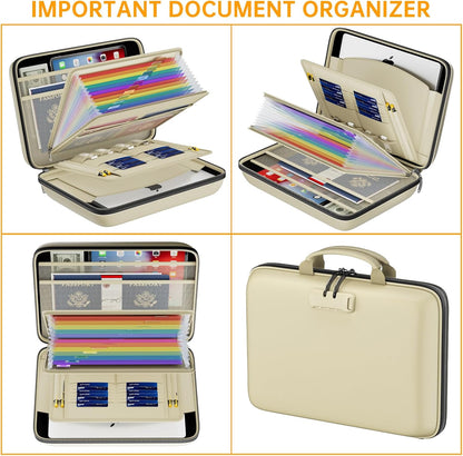 Fireproof File Organizer with Lock, Hard-Shell Case Fireproof Document Box with 13 Pocket Accordion File Folder, Portable Home Office Travel Safe Storage for Important Documents Laptop Beige