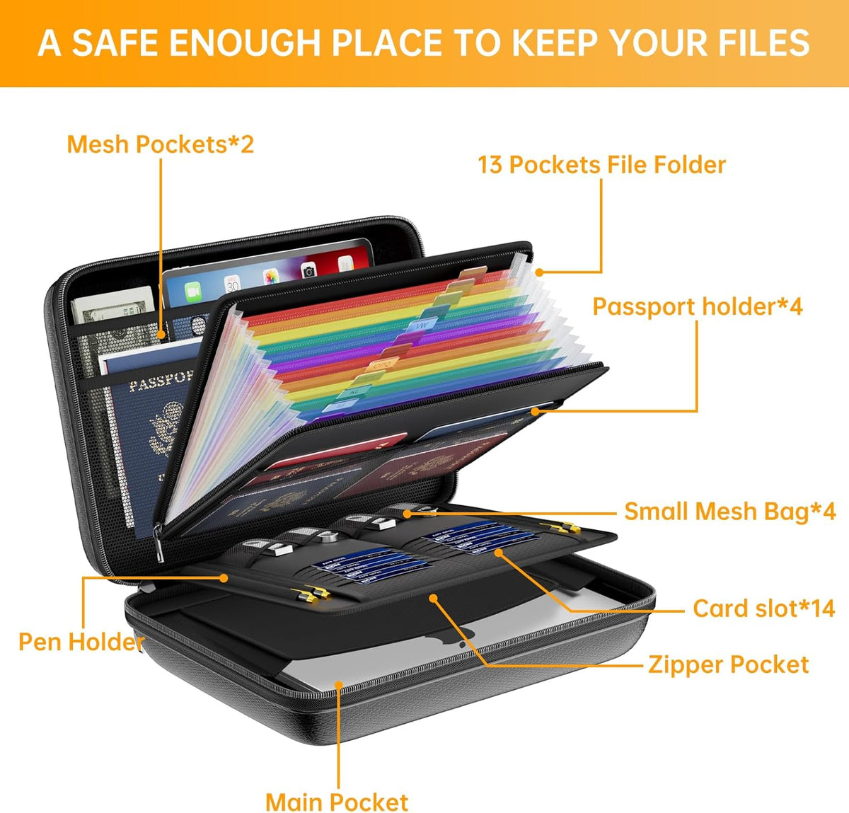 Fireproof File Organizer with Lock, Hard-Shell Case Fireproof Document Box with 13 Pocket Accordion File Folder, Portable Home Office Travel Safe Storage for Important Documents Laptop Beige