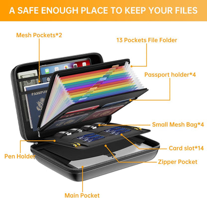 Fireproof File Organizer with Lock, Hard-Shell Case Fireproof Document Box with 13 Pocket Accordion File Folder, Portable Home Office Travel Safe Storage for Important Documents Laptop Beige