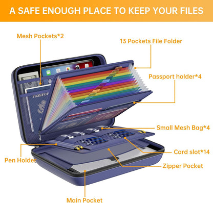 Fireproof File Organizer with Lock, Hard-Shell Case Fireproof Document Box with 13 Pocket Accordion File Folder, Portable Home Office Travel Safe Storage for Important Documents Laptop Beige