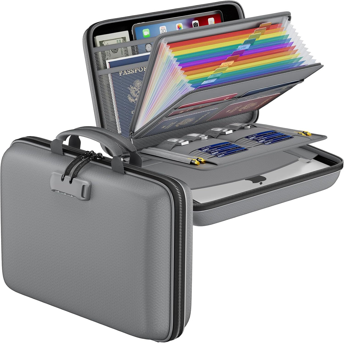 Fireproof File Organizer with Lock, Hard-Shell Case Fireproof Document Box with 13 Pocket Accordion File Folder, Portable Home Office Travel Safe Storage for Important Documents Laptop Beige