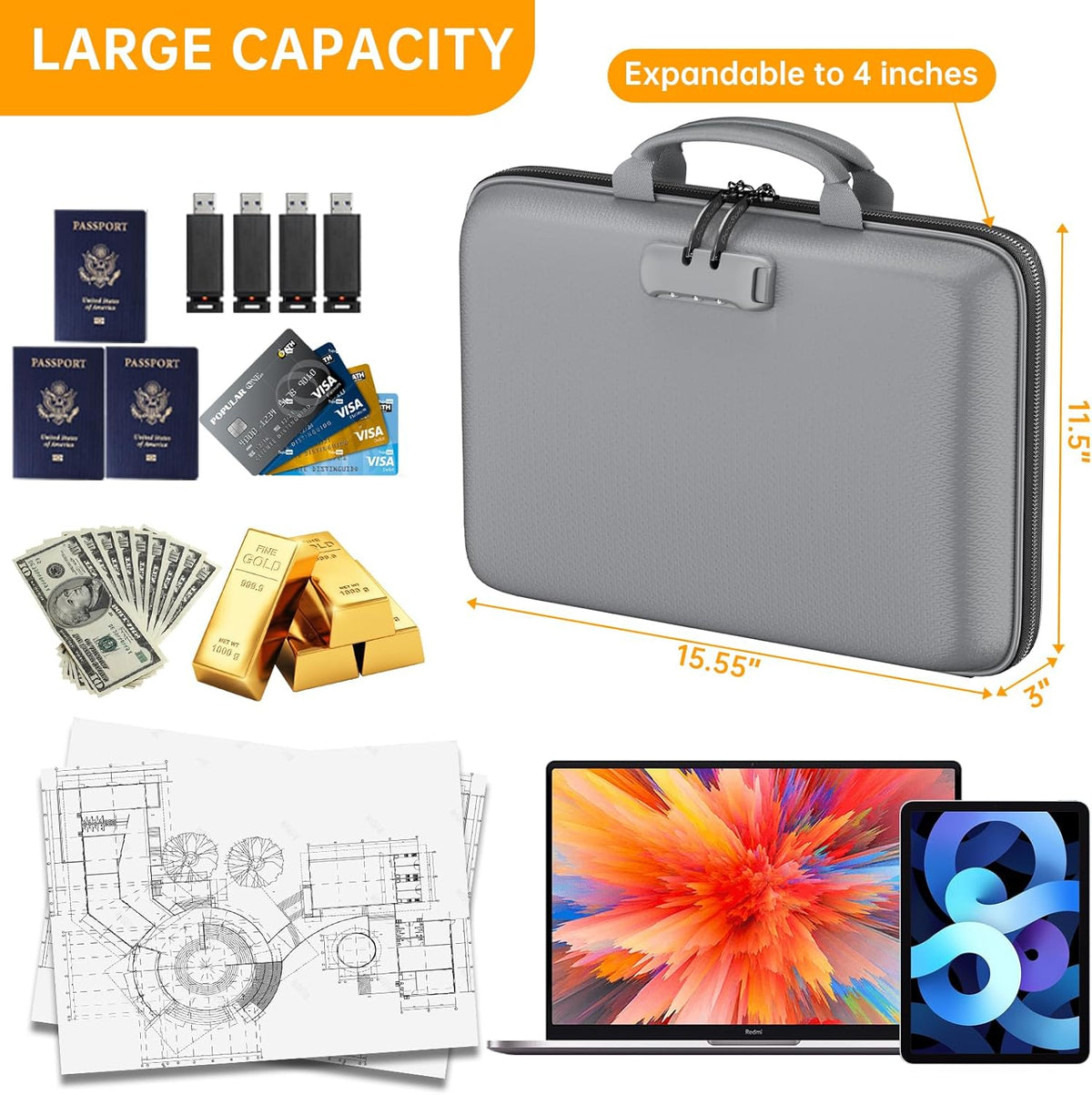 Fireproof File Organizer with Lock, Hard-Shell Case Fireproof Document Box with 13 Pocket Accordion File Folder, Portable Home Office Travel Safe Storage for Important Documents Laptop Beige