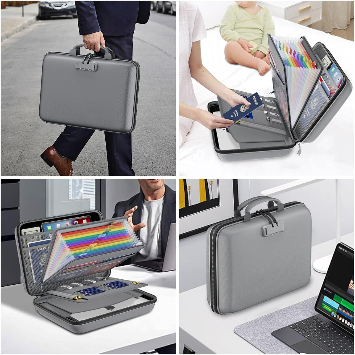 Fireproof File Organizer with Lock, Hard-Shell Case Fireproof Document Box with 13 Pocket Accordion File Folder, Portable Home Office Travel Safe Storage for Important Documents Laptop Beige