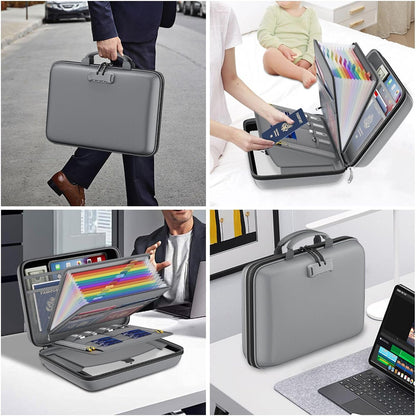 Fireproof File Organizer with Lock, Hard-Shell Case Fireproof Document Box with 13 Pocket Accordion File Folder, Portable Home Office Travel Safe Storage for Important Documents Laptop Beige