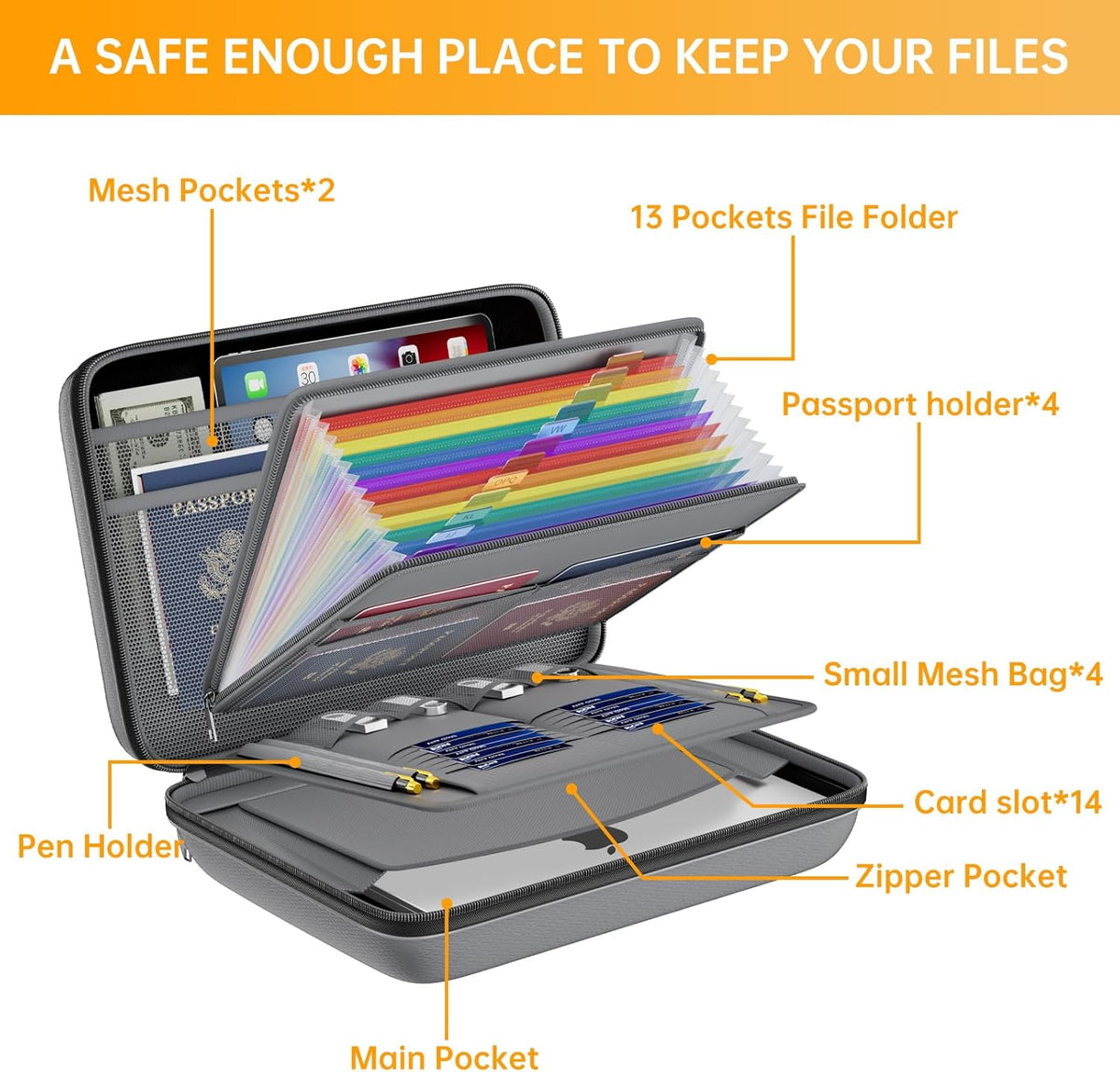 Fireproof File Organizer with Lock, Hard-Shell Case Fireproof Document Box with 13 Pocket Accordion File Folder, Portable Home Office Travel Safe Storage for Important Documents Laptop Beige