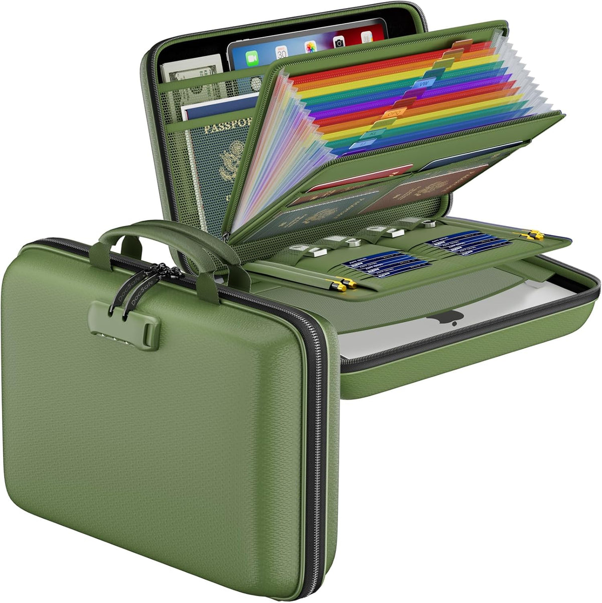 Fireproof File Organizer with Lock, Hard-Shell Case Fireproof Document Box with 13 Pocket Accordion File Folder, Portable Home Office Travel Safe Storage for Important Documents Laptop Beige