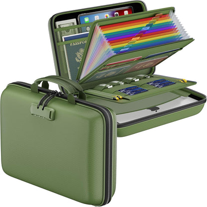 Fireproof File Organizer with Lock, Hard-Shell Case Fireproof Document Box with 13 Pocket Accordion File Folder, Portable Home Office Travel Safe Storage for Important Documents Laptop Beige