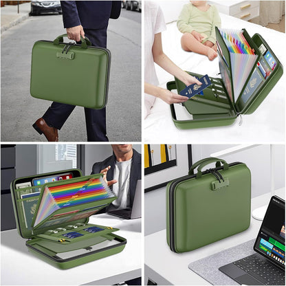 Fireproof File Organizer with Lock, Hard-Shell Case Fireproof Document Box with 13 Pocket Accordion File Folder, Portable Home Office Travel Safe Storage for Important Documents Laptop Beige