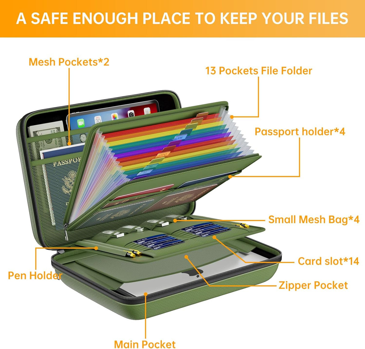 Fireproof File Organizer with Lock, Hard-Shell Case Fireproof Document Box with 13 Pocket Accordion File Folder, Portable Home Office Travel Safe Storage for Important Documents Laptop Beige