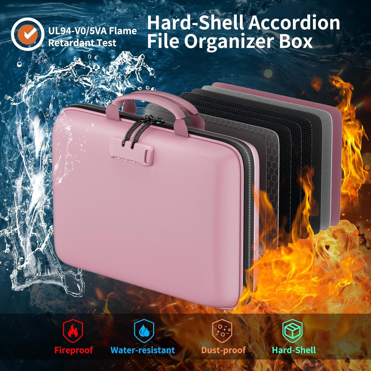 Fireproof File Organizer with Lock, Hard-Shell Case Fireproof Document Box with 13 Pocket Accordion File Folder, Portable Home Office Travel Safe Storage for Important Documents Laptop Beige