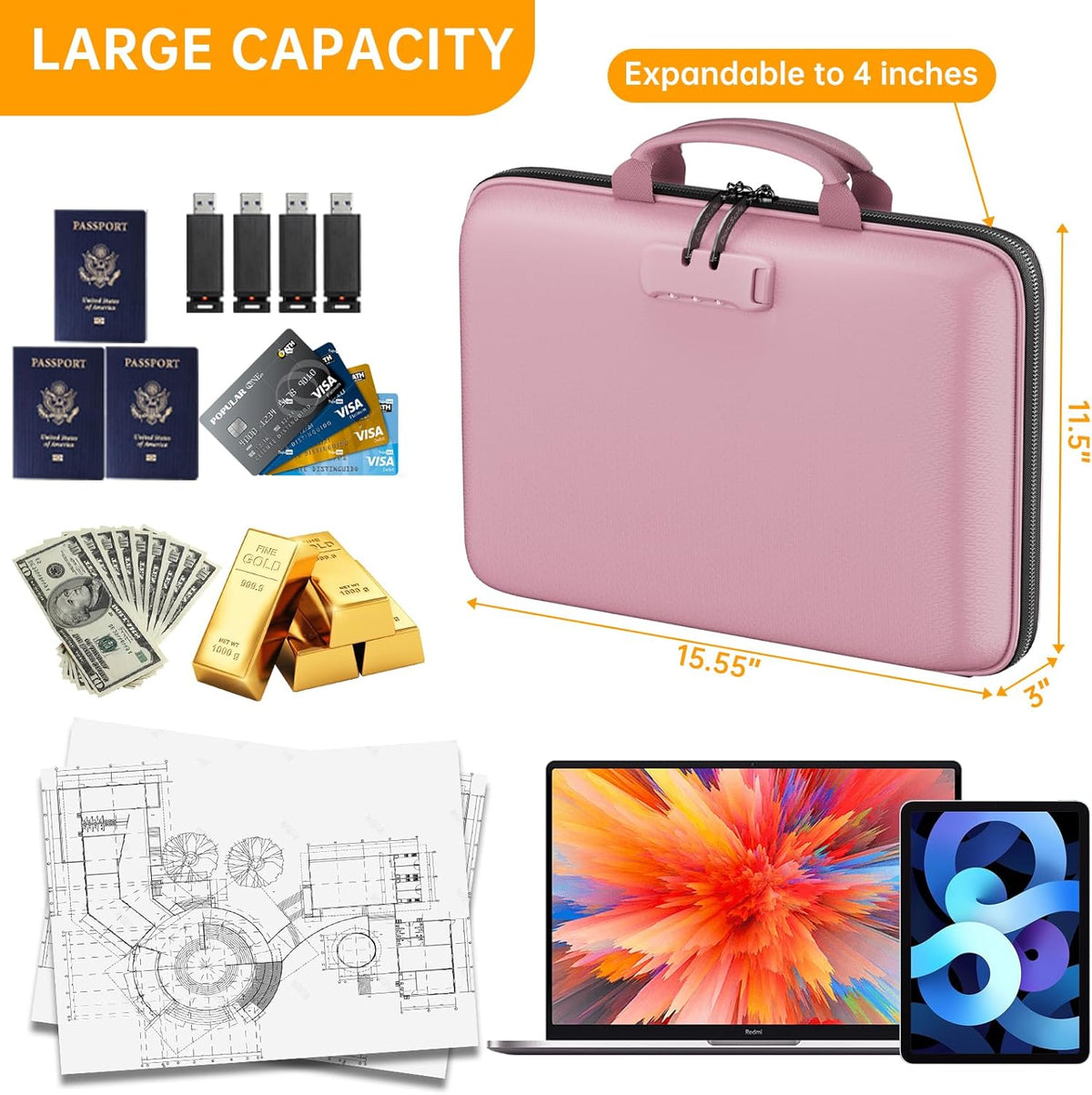 Fireproof File Organizer with Lock, Hard-Shell Case Fireproof Document Box with 13 Pocket Accordion File Folder, Portable Home Office Travel Safe Storage for Important Documents Laptop Beige