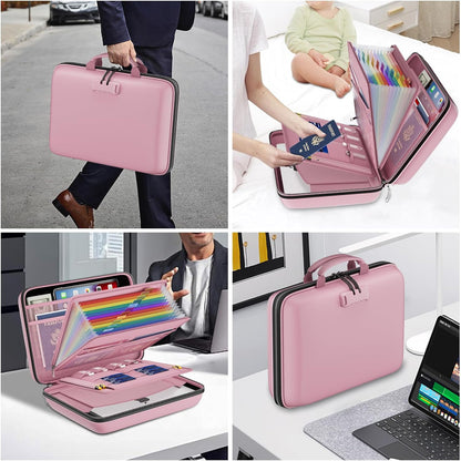 Fireproof File Organizer with Lock, Hard-Shell Case Fireproof Document Box with 13 Pocket Accordion File Folder, Portable Home Office Travel Safe Storage for Important Documents Laptop Beige