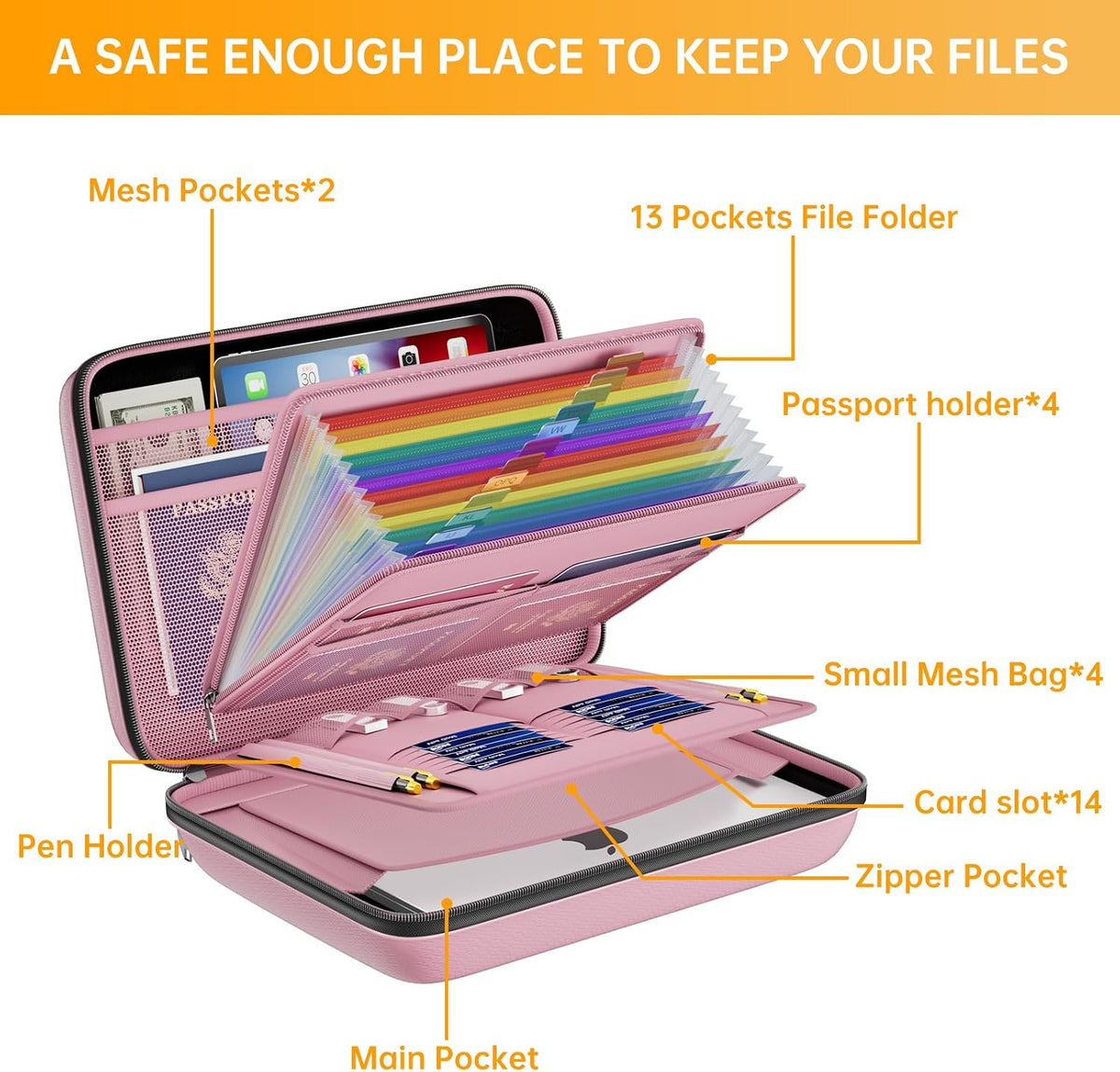 Fireproof File Organizer with Lock, Hard-Shell Case Fireproof Document Box with 13 Pocket Accordion File Folder, Portable Home Office Travel Safe Storage for Important Documents Laptop Beige