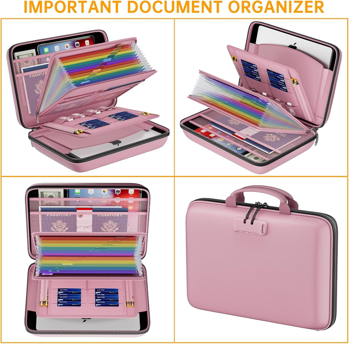 Fireproof File Organizer with Lock, Hard-Shell Case Fireproof Document Box with 13 Pocket Accordion File Folder, Portable Home Office Travel Safe Storage for Important Documents Laptop Beige