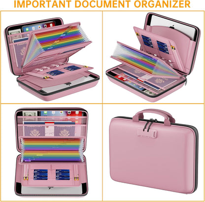 Fireproof File Organizer with Lock, Hard-Shell Case Fireproof Document Box with 13 Pocket Accordion File Folder, Portable Home Office Travel Safe Storage for Important Documents Laptop Beige