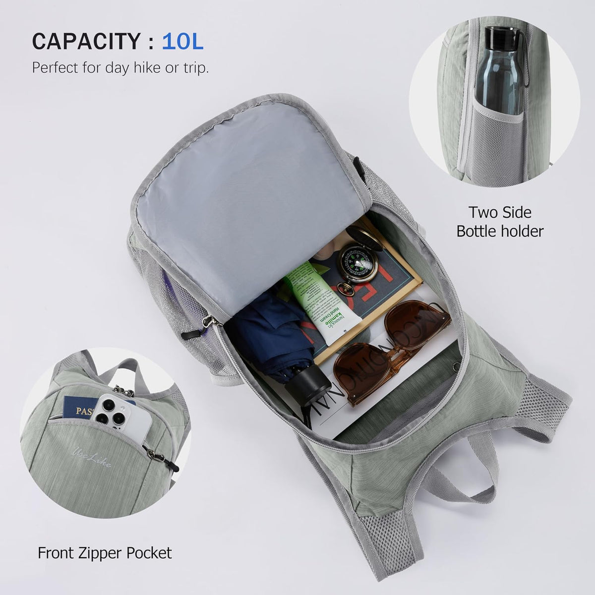 10L Small Hiking Backpack Travel Daypack Lightweight Packable Back Pack for Women Men(Black)