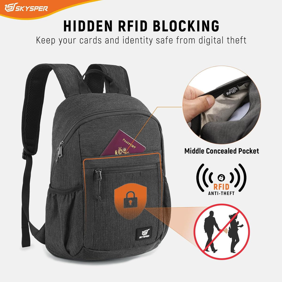 Anti Theft Hiking Backpack, 20L RFID Packable Travel Daypack, Lightweight Foldable Back Pack for Walking Daytrip